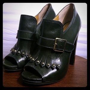Green open toe fringe heeled oxford with buckle, 7